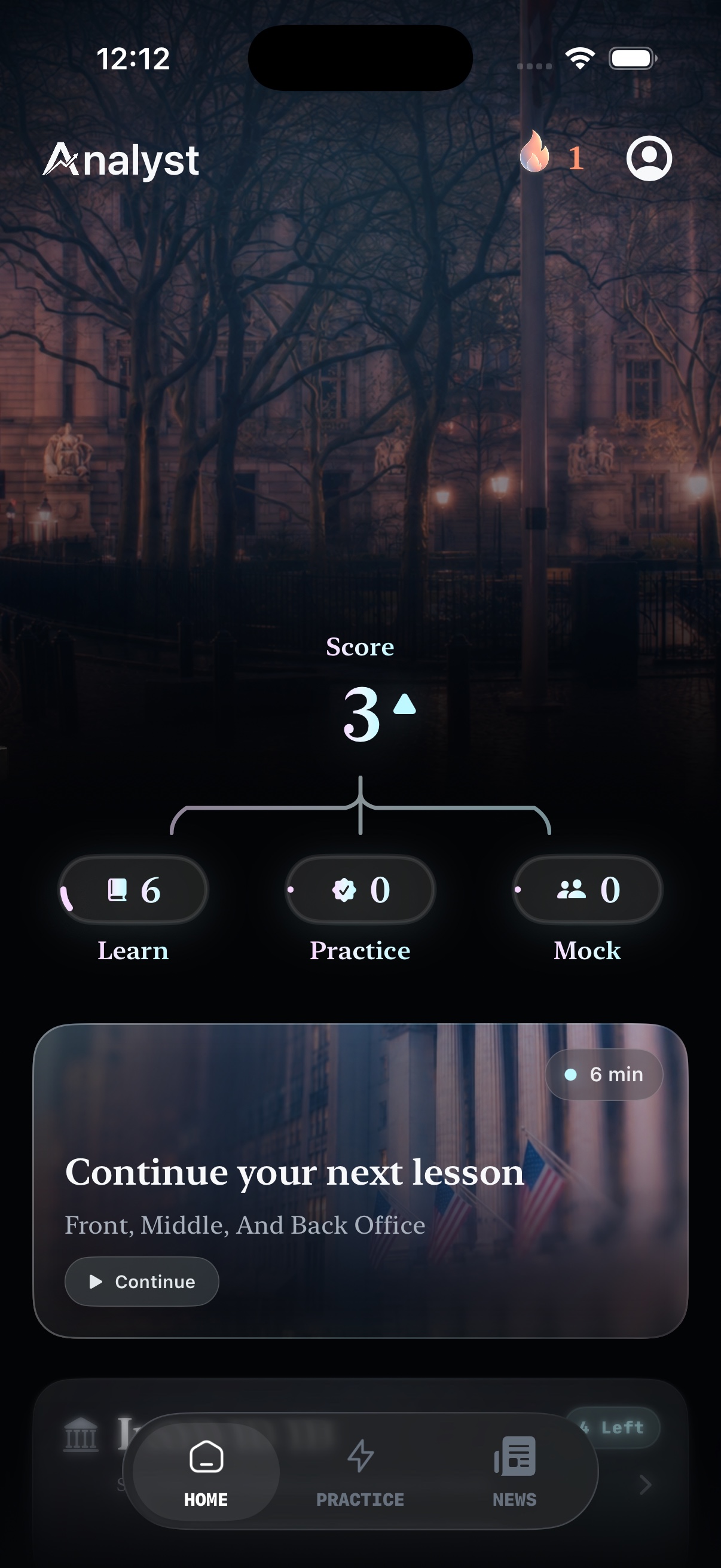Analyst app Home screen with Score and continue lesson